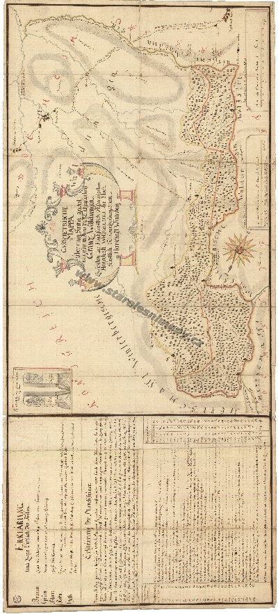 Geometrická mapa z roku 1752. Hraniční lesy mezi pasovským panstvím Wolfstein a schwarzenberkým panstvím Vimperk.